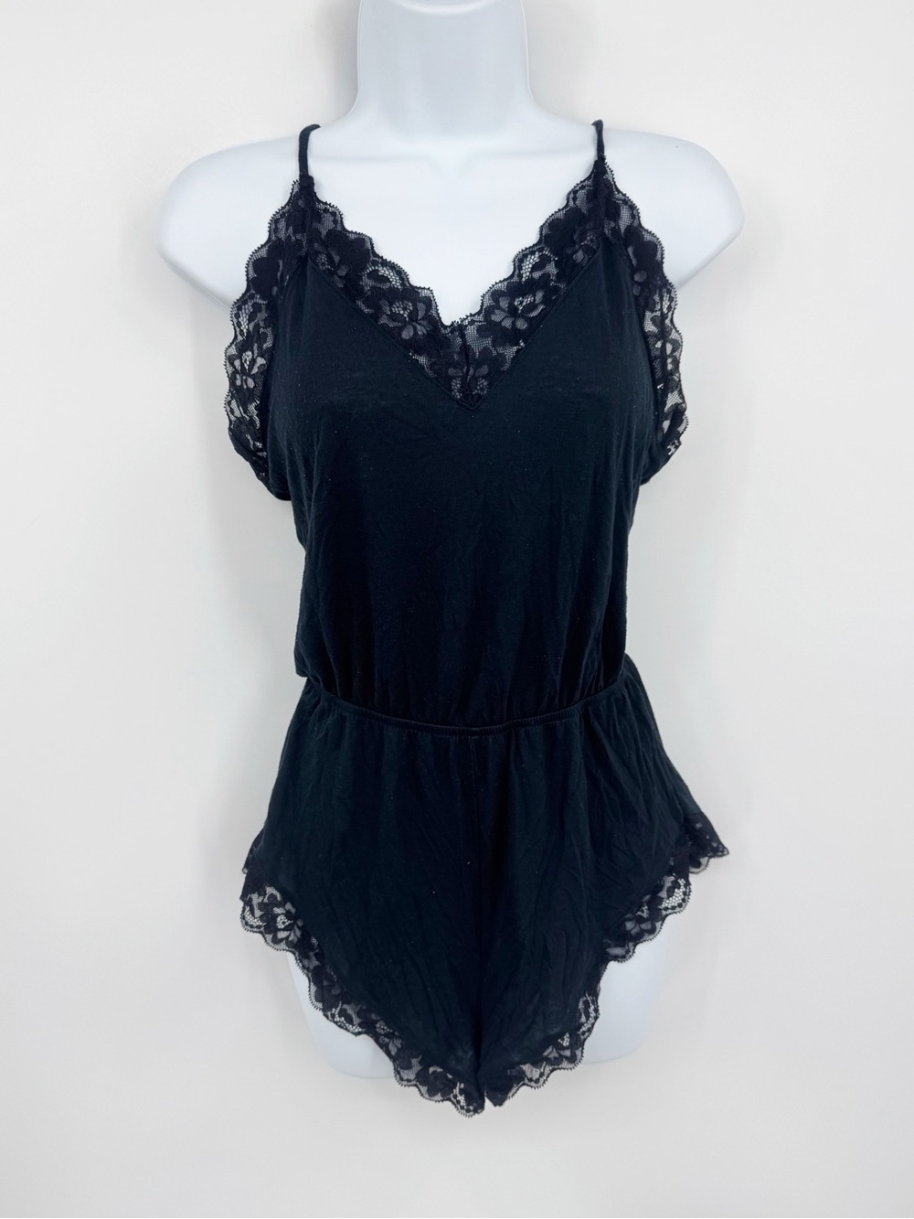 Black Camisole Romper V Neck Lace Size XS La Senza